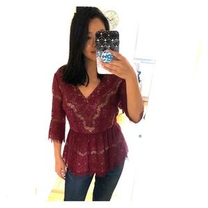 Anthropologie burgundy lace peplum top